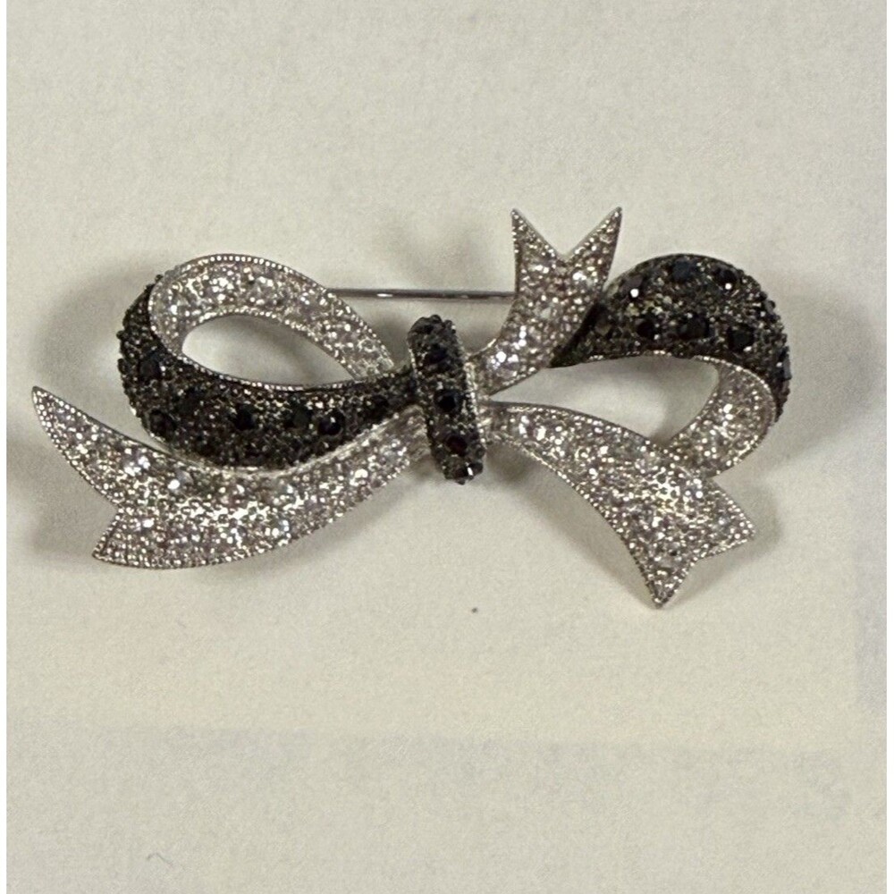 925 FAS Genuine Sterling Silver Black and Silver Rhinestone Bow Pin Brooch 2"x1”